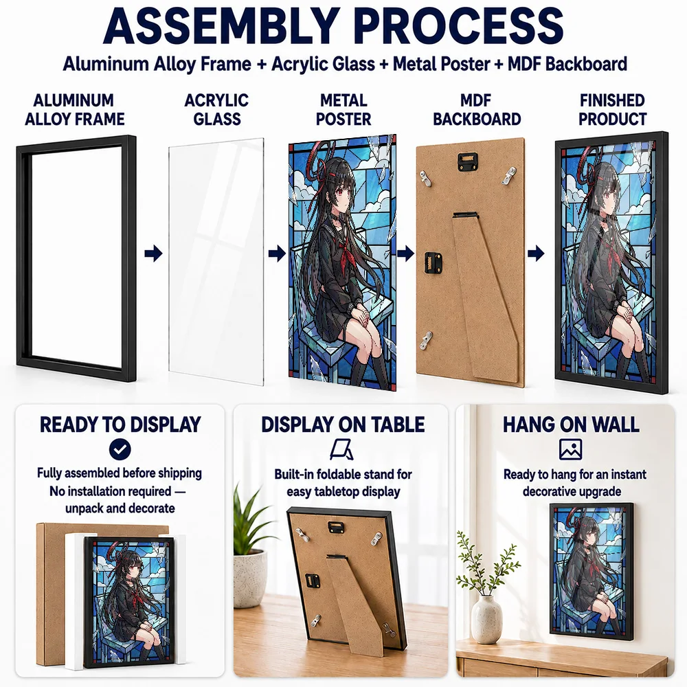 Anime Girl In Stained Glass Style Metal Poster With Aluminum Alloy Frame Personalized Hero Tribute Wall Art Ideal For Game Room