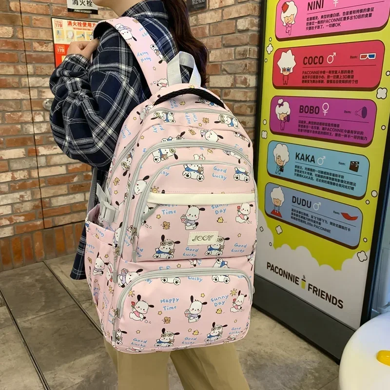 Kawaii Sanrio Pochacco Cartoon Mochila Anime, Mochila de Moda Simples, Escola Primária e Secundária, Bolsa Estudantil Alívio do Estresse, Presente