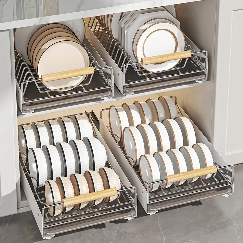 

Kitchen cabinet inner shelf, drawer type pull basket, pull bowl, plate and saucer storage rack, stainless steel drain bowl rack