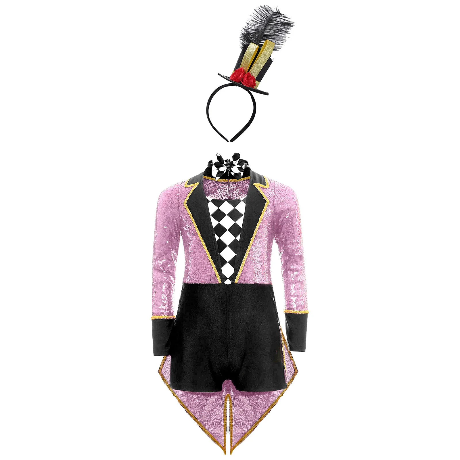 Kids Halloween Circus Ringmaster Showman Magician Cosplay Performance Costume Long Sleeve Sequin Tailcoat Bodysuit Mini Top Hat