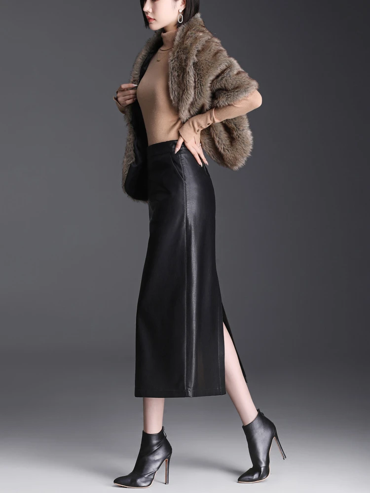 Zipper High Waist Slim PU Leather Bodycon Pencil Skirt Women Fall Winter Elegant Chic Long Coffee Black Skirts Office Lady 99650 image 6