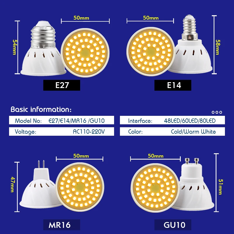 Ampoule LED pour budgétaire, éclairage intérieur gible, Bombillas, GU10 MR16 inda E14, AC 110V, 220V, 48, 60, 80, 3000K, 6000K, 1-10 pièces