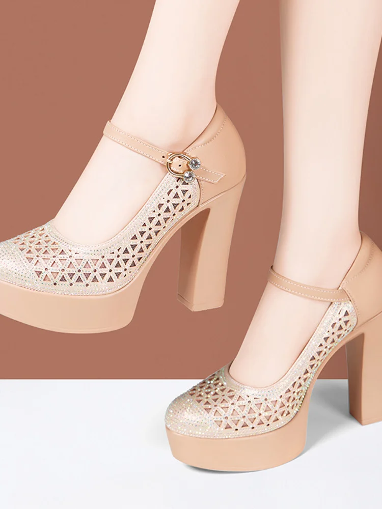 Elegant Mesh Crystal Genuine Leather Platform Pumps 6cm 9cm 11cm High Heels for Wedding Party Spring 2025 Block Heel Shoe Model