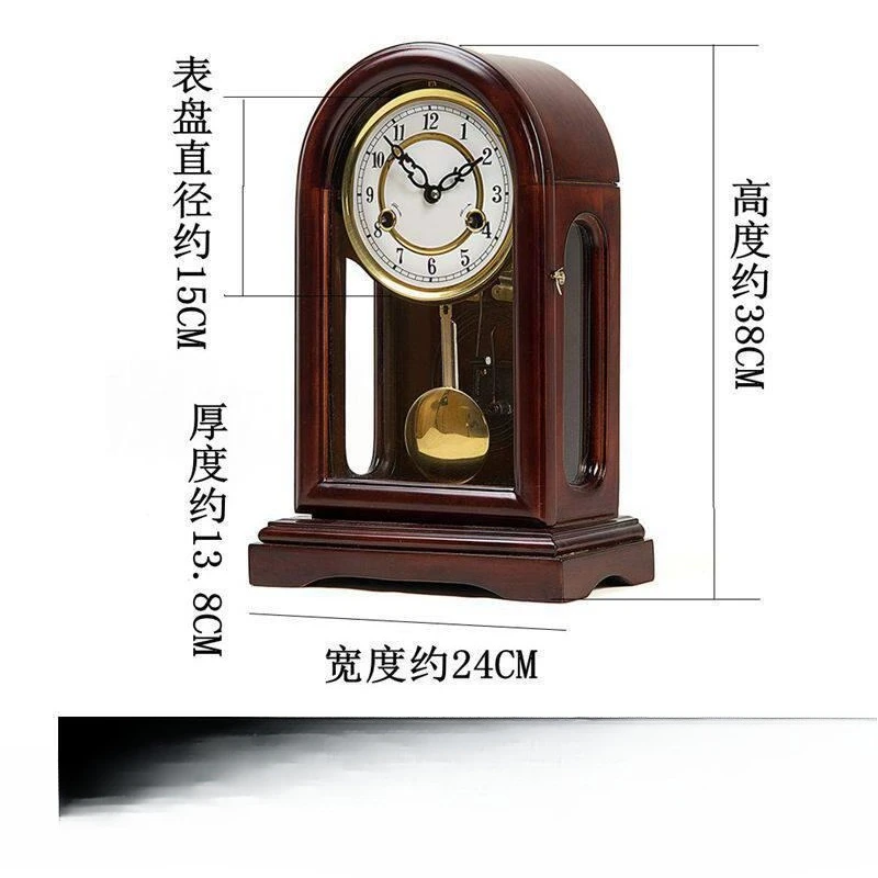 Pure copper movement mechanical desk clock, old-fashioned solid wood pendulum clock in the living room