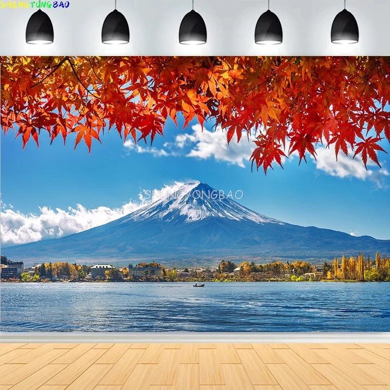 

Beautiful Scenic Lake Fuji Mountain Photography Backdrops Trees Autumn Blue Sky Landscape Photo Studio Background SF-02
