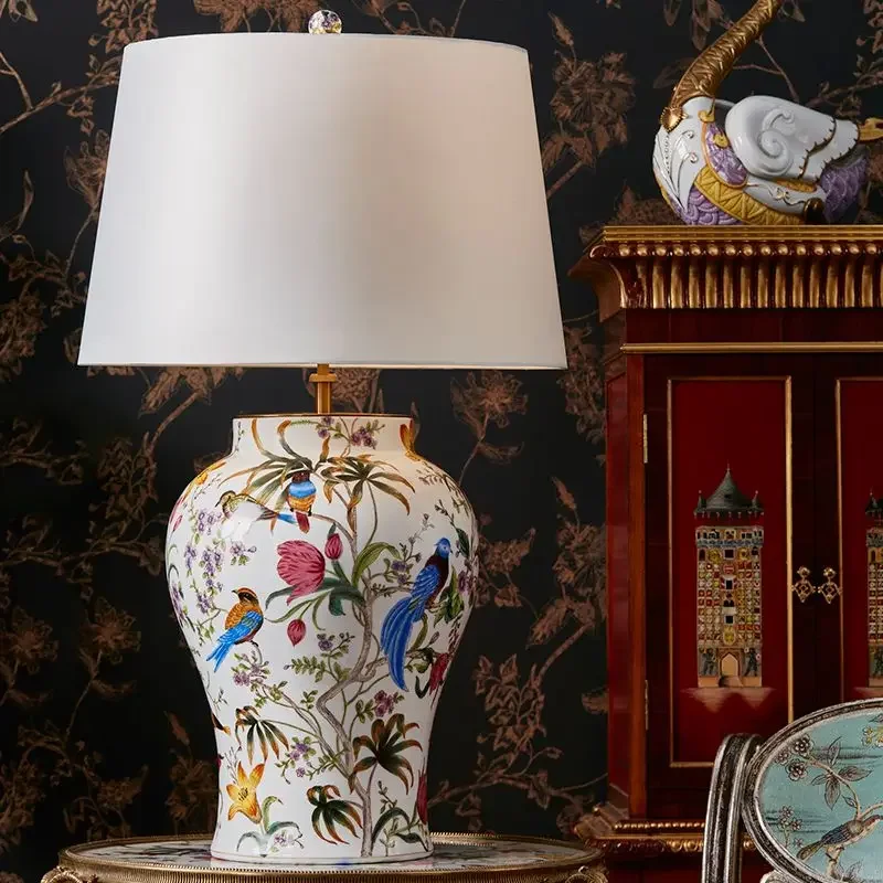 European ceramic hand-painted flower and bird decorative table lamp