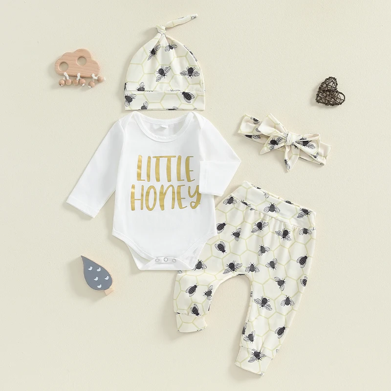 

4-Piece Baby Sets Letter Print Long Sleeve Round Neck Romper Bee Print Pants Hat Headband Outfits