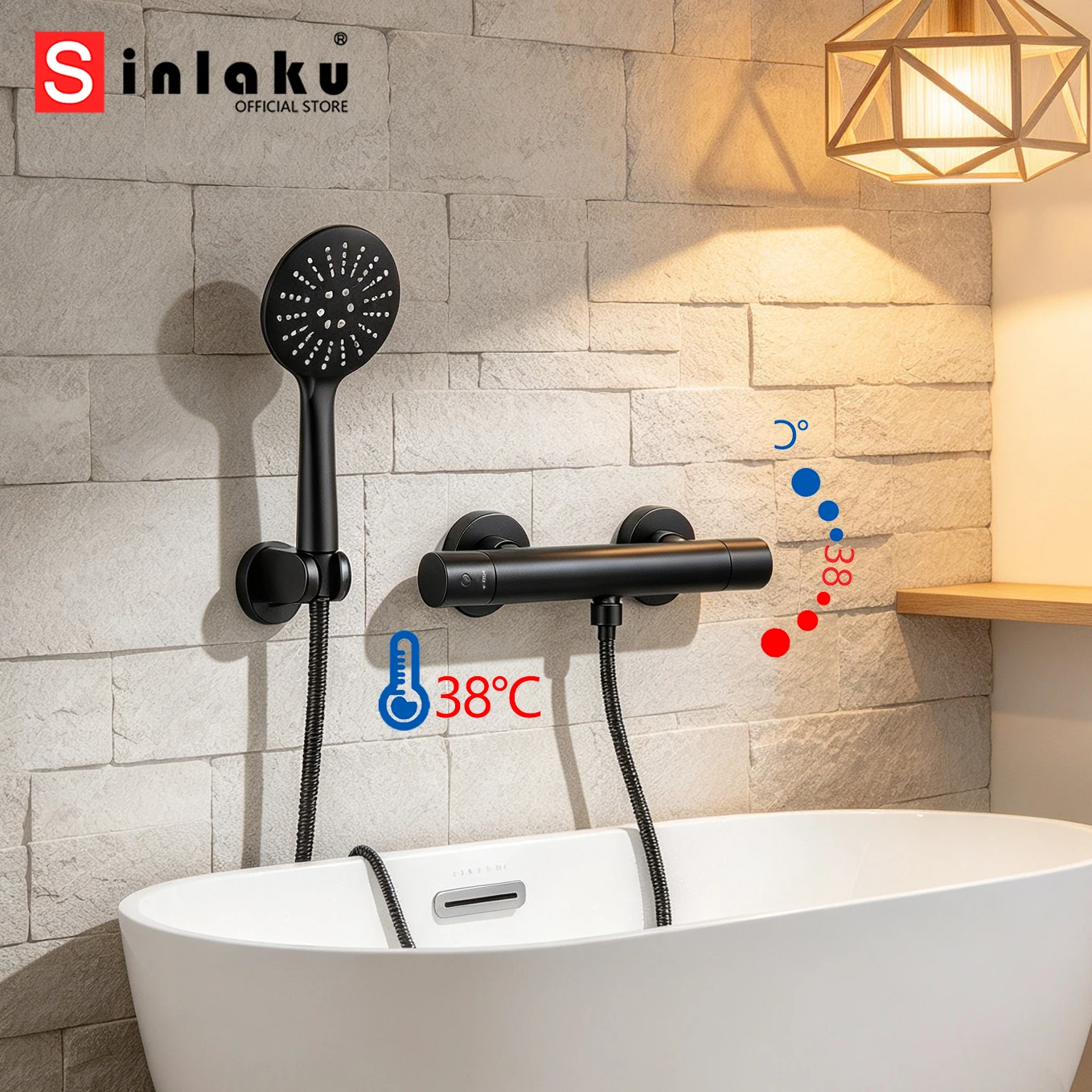 SINLAKU Bathroom Bathtub Black Thermostatic Shower Faucet Set Tub Wall Mounted Sink Faucets Shower Systerm Bath Mixer Tap
