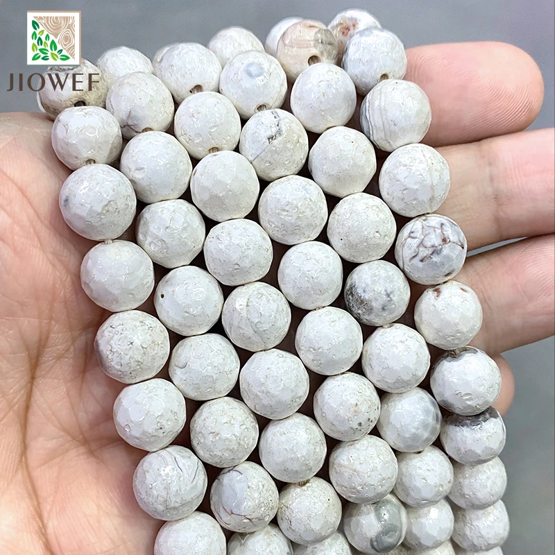 Natural Stone Faceted White Frost Cracked Fire Agates Round Beads Diy jewelry making Bracelet Accessories 15'' Strand 10mm