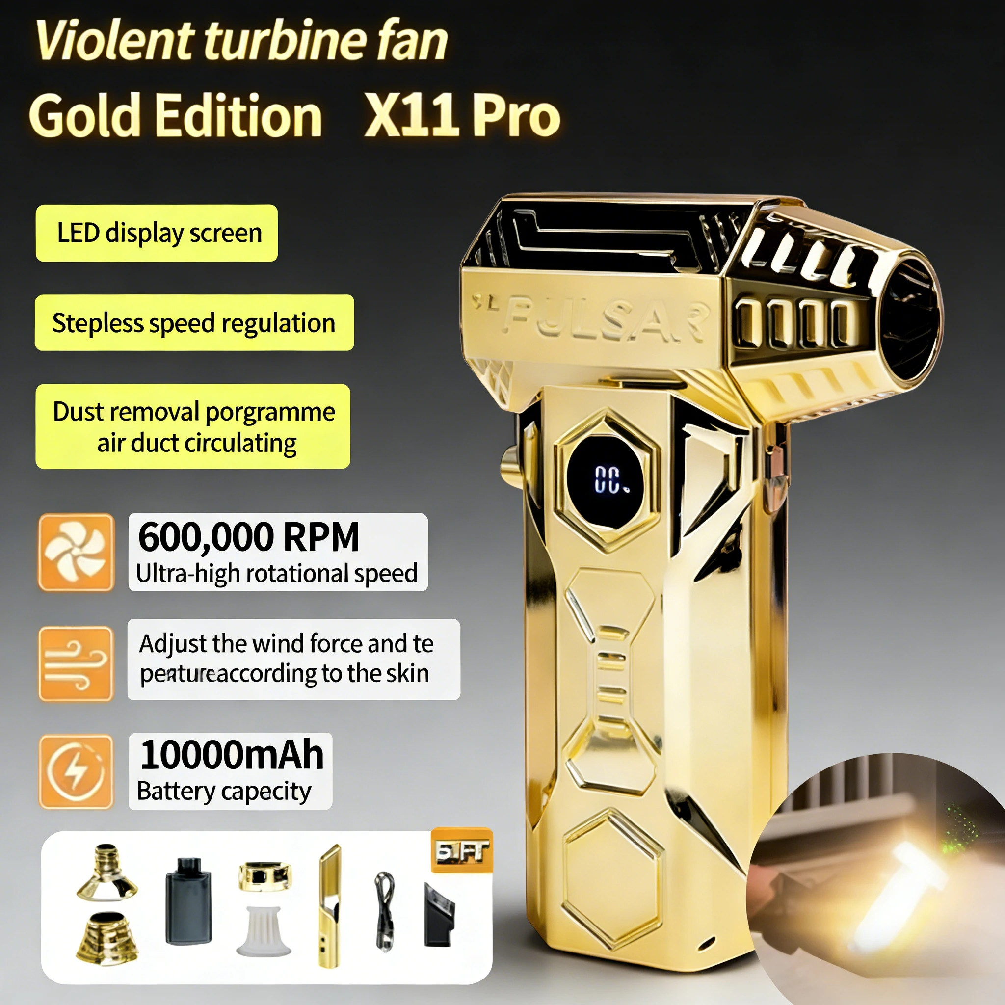 

Gold X11 580000RPM Violent Turbo Fan | Outdoor Camping Handheld Blower with Lighting