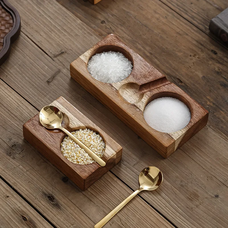 

Solid Wood Condiment Plate Tray With Spoon Breakfast Food Sushi Bread Dessert Sauce Plate Kitchen Dinner Tray