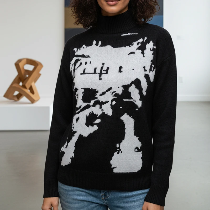 

Y2K Aesthetics Portrait Print Fashion Unisex Knitted Warm Loose Casual Retro Harajuku Long Sleeve O-Neck High Street Pullover