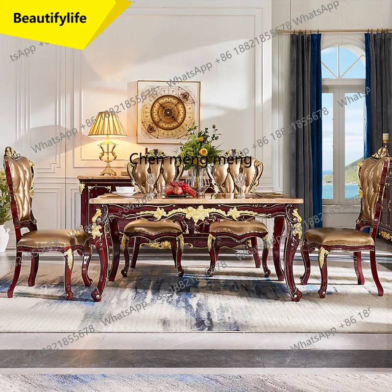 

Q181 European dining table and chairs marble dining table household American red sandalwood furniture rectangular dining table