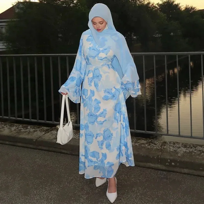 Eid Women Dress Abaya Flower Print Dresses Muslim Kaftan Islam Vestidos Jalabiya Ramadan Morocco Dubai Abayas Arab Long Robe