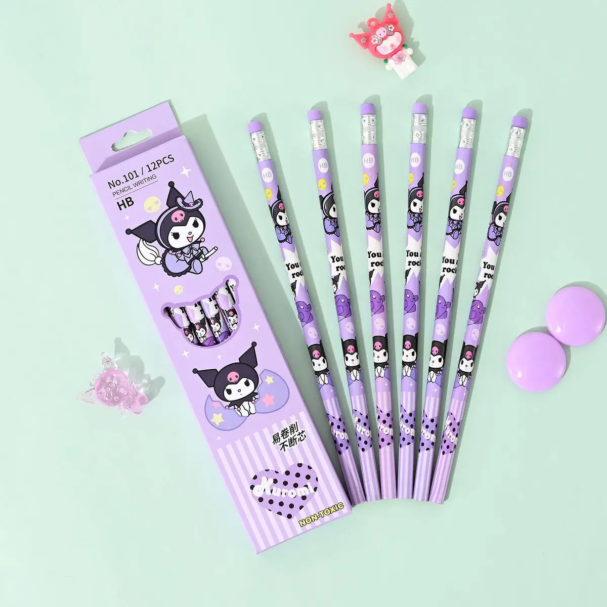 Sanurgente Cartoon Melody Kuromi Crayons, Staacquering Hb Black, Boxed Pen Gift for Children, Pays l for Primary Students, Write Piazza School, 60Pcs