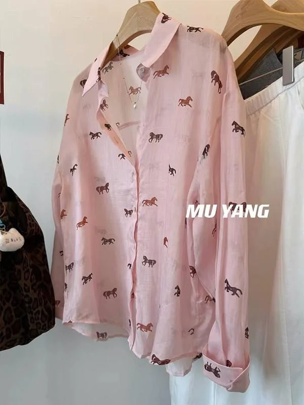 

plus Size 300 Pounds Fat Sister Anti-Aging Print Cotton Linen Long Sleeve Women's Summer Thin Sun Protection Top Shirt