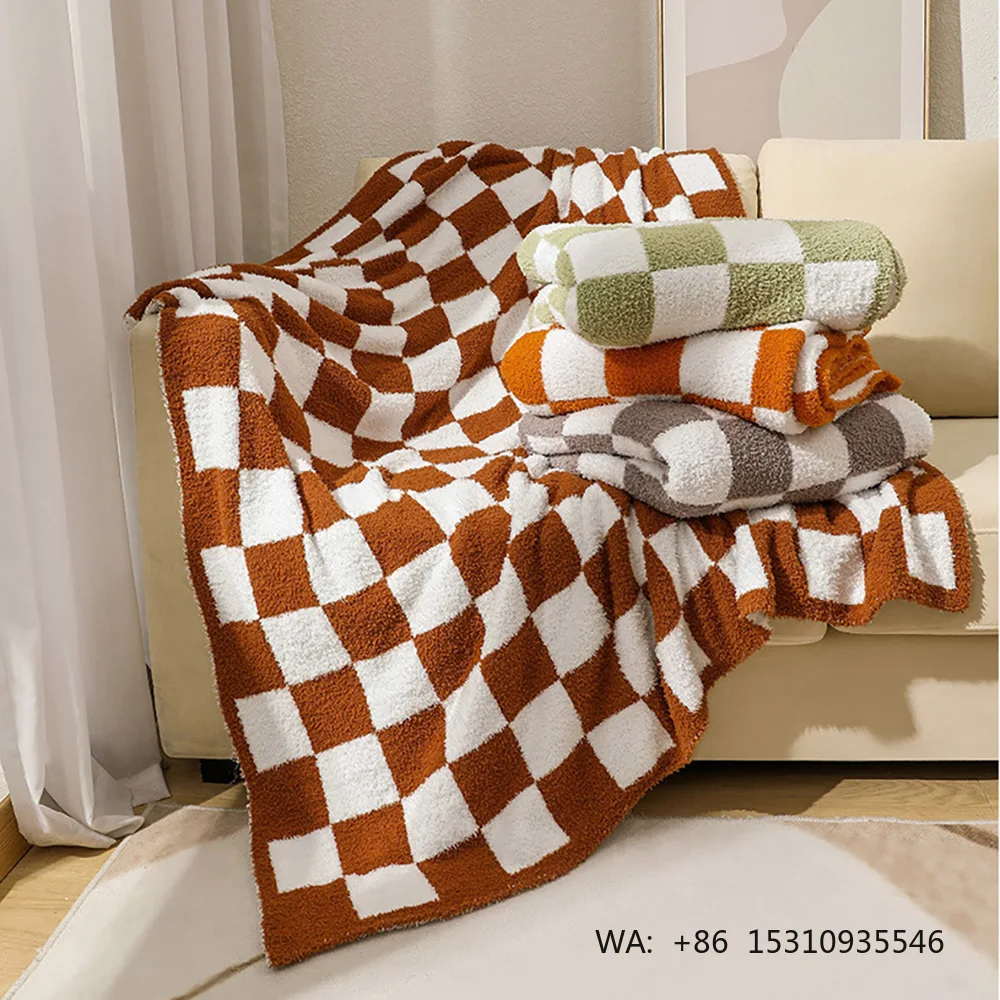 Vintage Checkered Knitted Throw Blanket Soft Plush Fleece Feel Bed Cover Lightweight Warm Nap Blanket