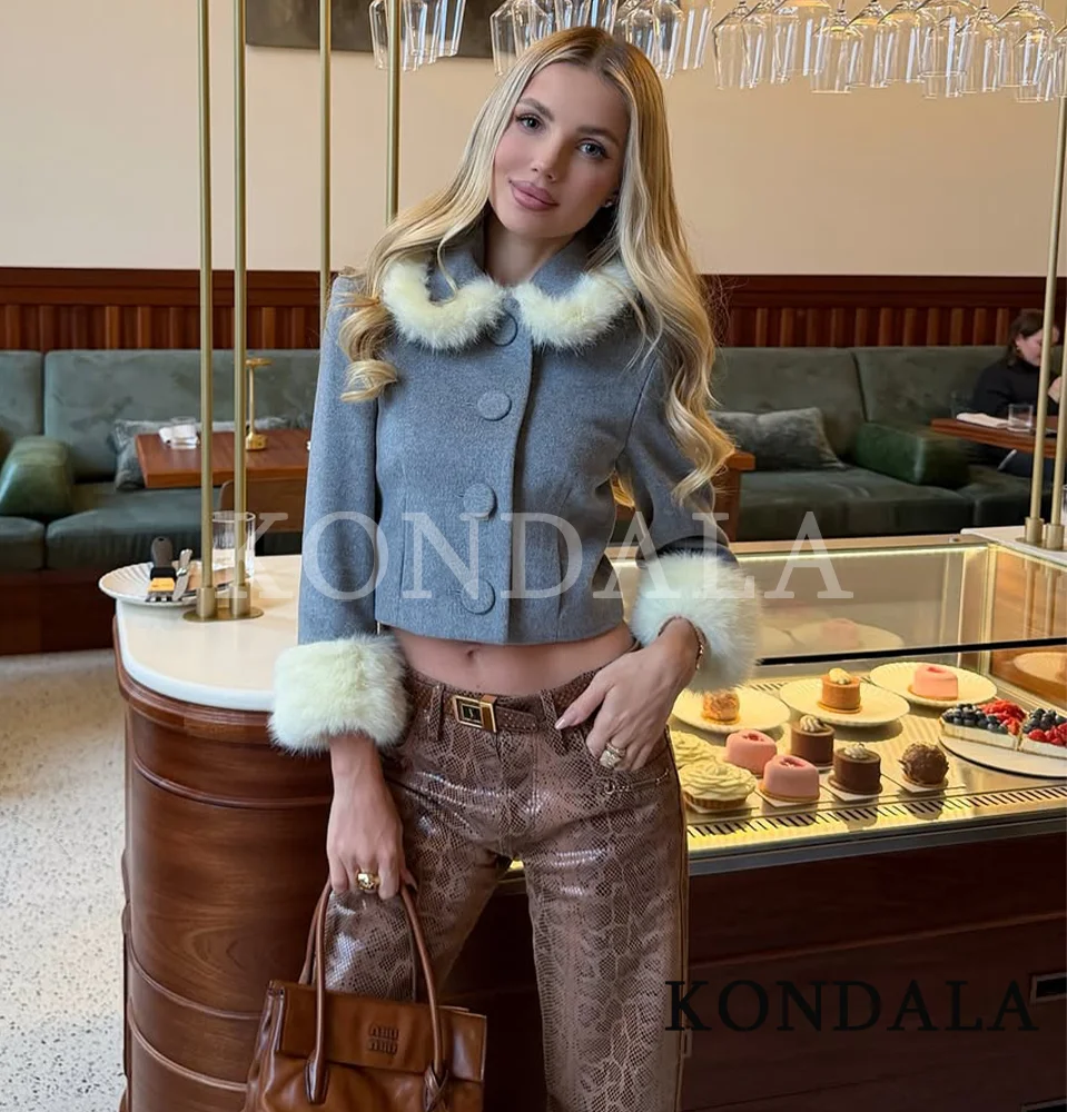 KONDALA à la mode mignon mélangé mince veste femmes fausse fourrure manchette boutons veste 2026 printemps automne mode haute rue douce Y2K veste