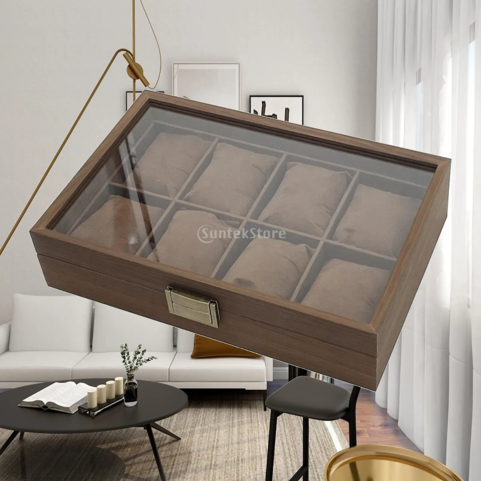 Wooden Watch Storage Box 8 Slot Clear Lid Display Case Velvet Inside Organizer for Dresser Top Shelf