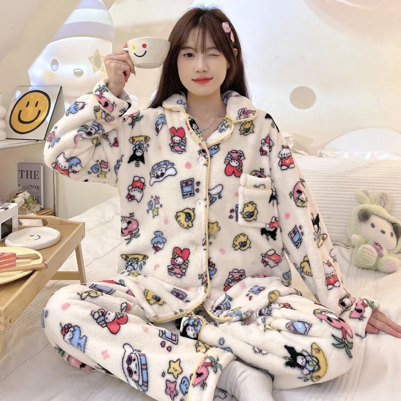 

Sanrio Kuromi Coral Velvet Pajamas for Women In Autumn and Winter Warm and Thick Student Dormitory Home Suit Halloween Christmas