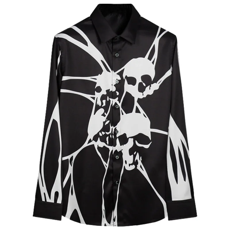 High Quality Skull Printed Shirt for Men Silk Casual Social Shirt Men Clothing Long Sleeve Slim Fit Non Ironing Shirt Streetwear