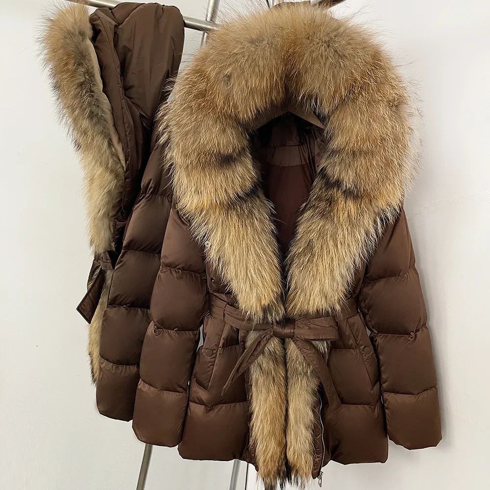 OFTBUY Luxus-Daunenjacke mit Echtfell-Gürtel, Neue Warme Dicke Winterkleidung für Damen, Großer Echter Waschbärpelz-Besatz, Daunenjacke für Frauen – Detail 12