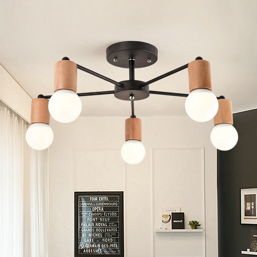 

Modern Industrial Multiple Rod Iron Wood Sputnik Chandelier Vintage Ceiling Lamp Lamparas Home Light Lighting Fixture LED E27