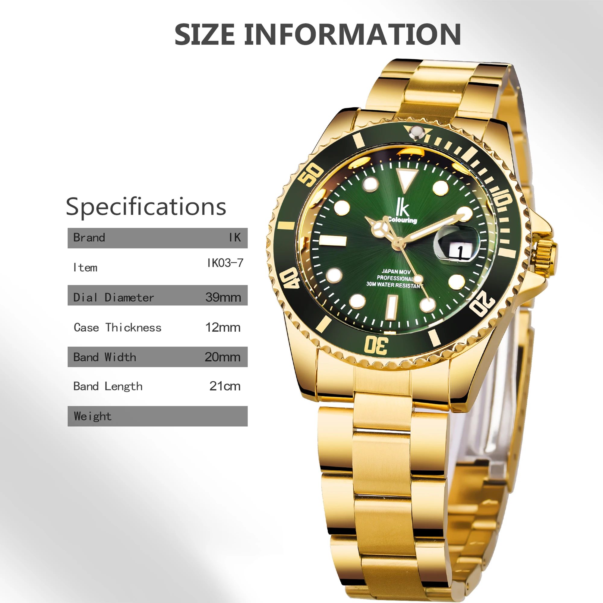 IK Coloring 2022 Luxury Brand Design Green Bezel Waterproof Clock Mens Quartz Golden Stainless Steel Calendar Sport Wristwatches