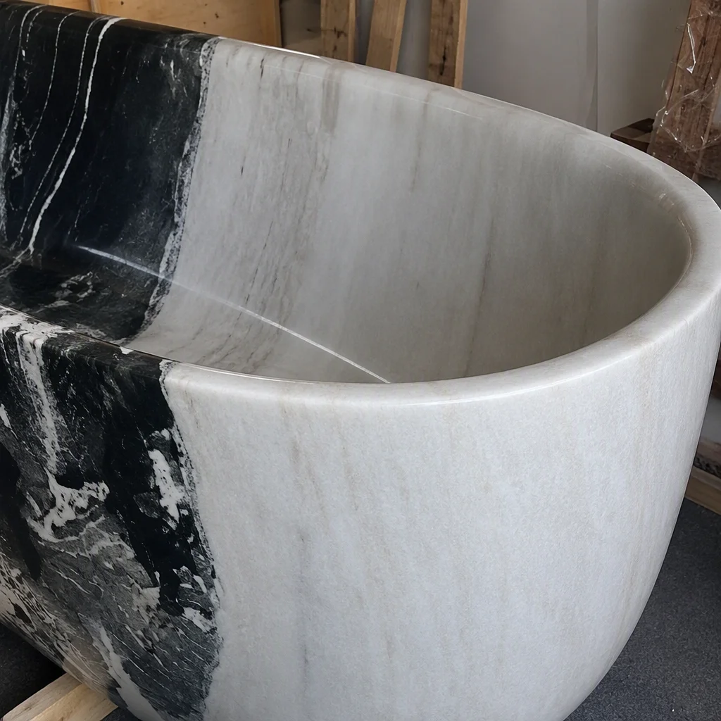 Luxury Stone Baths,Natural Panda White Marble Oval  standing Soaking Bathtub Black White Stone Tub Luxury Spa Villa Hotel Bat