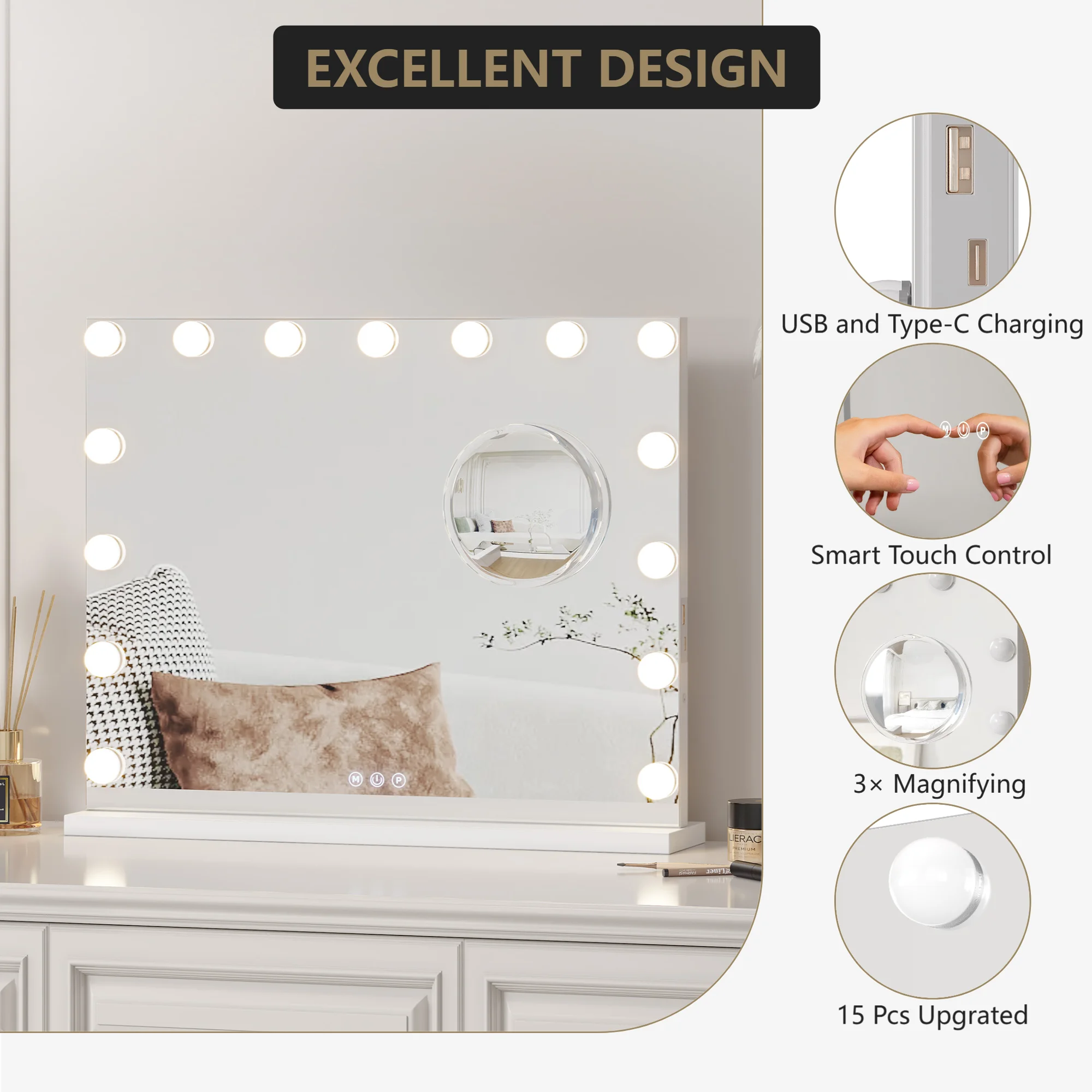 Smart Touch Lighted Bathroom Vanity Mirror - 19 in Round, 3 Color Dimmable Lighting, 360° Rotating, Aluminum Alloy Frame & Glass
