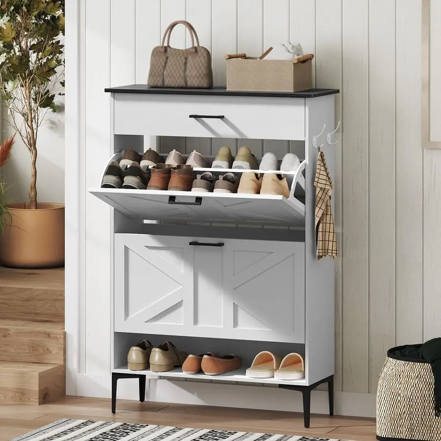 

Cabinet with 2 Flip Drawers, Farmhouse Shoe Storage Cabinet for Entryway, Freestanding Narrow Shoe Organizer Cabine Customizable