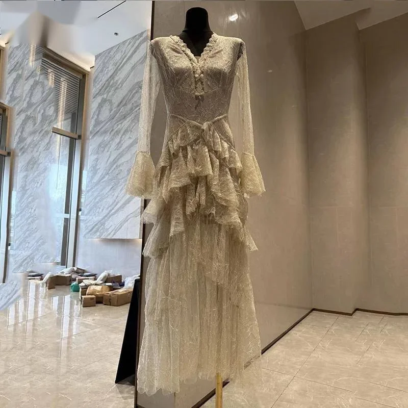 Spring Autumn White V-neck Embroidered Multi-layer Mesh Dress Women Flared Sleeve Dresses New 3XRV