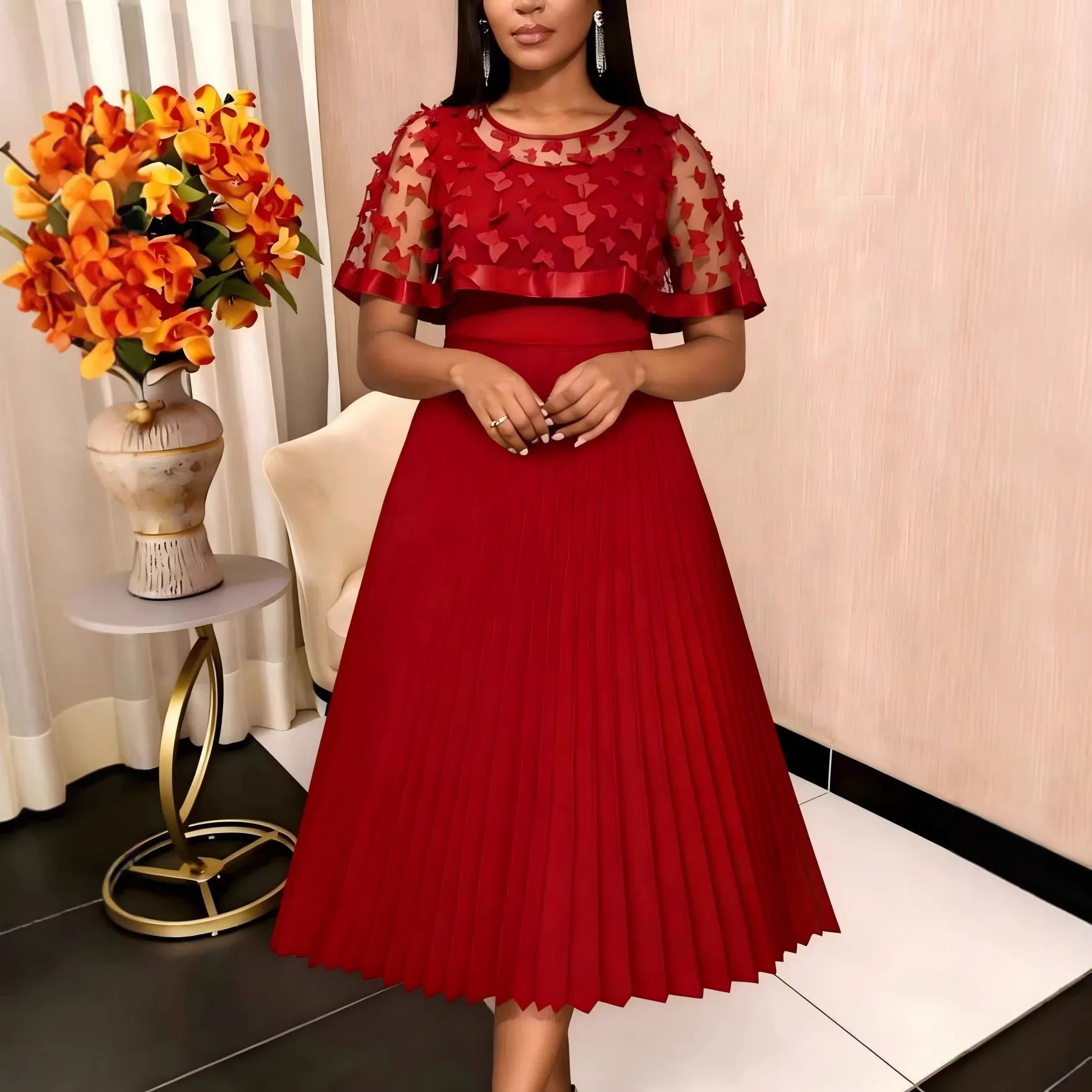 

Women Pleated Dresses Solid Mesh Dress A Line Mid Calf Lenth Short Sleeves Waist Cinch Loose Fit Party Sexy Elegant 2026 Summer
