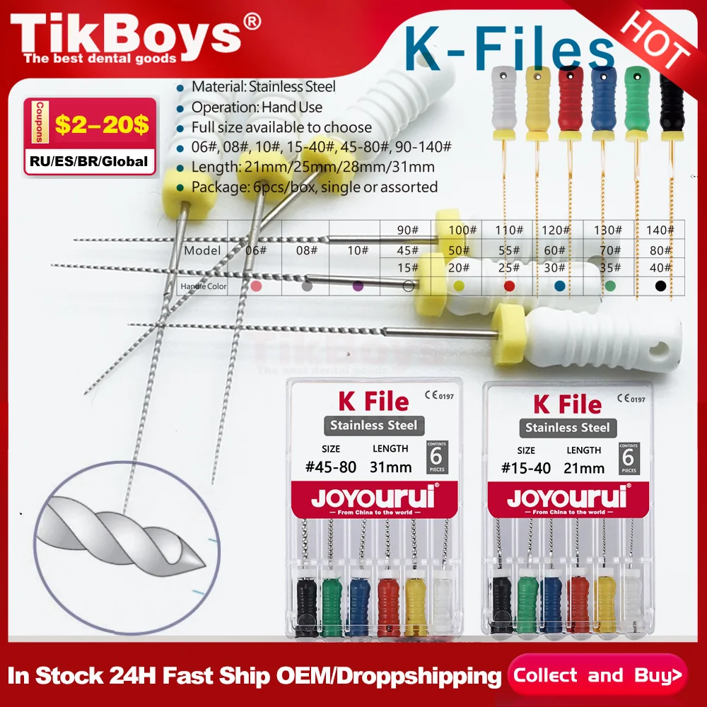 

21mm/25mm/31MM 6pcs/Box K Files Stainless Steel Dental Root Canal Files Treatment Tools Endodontic Instrument Dentist Dentistry