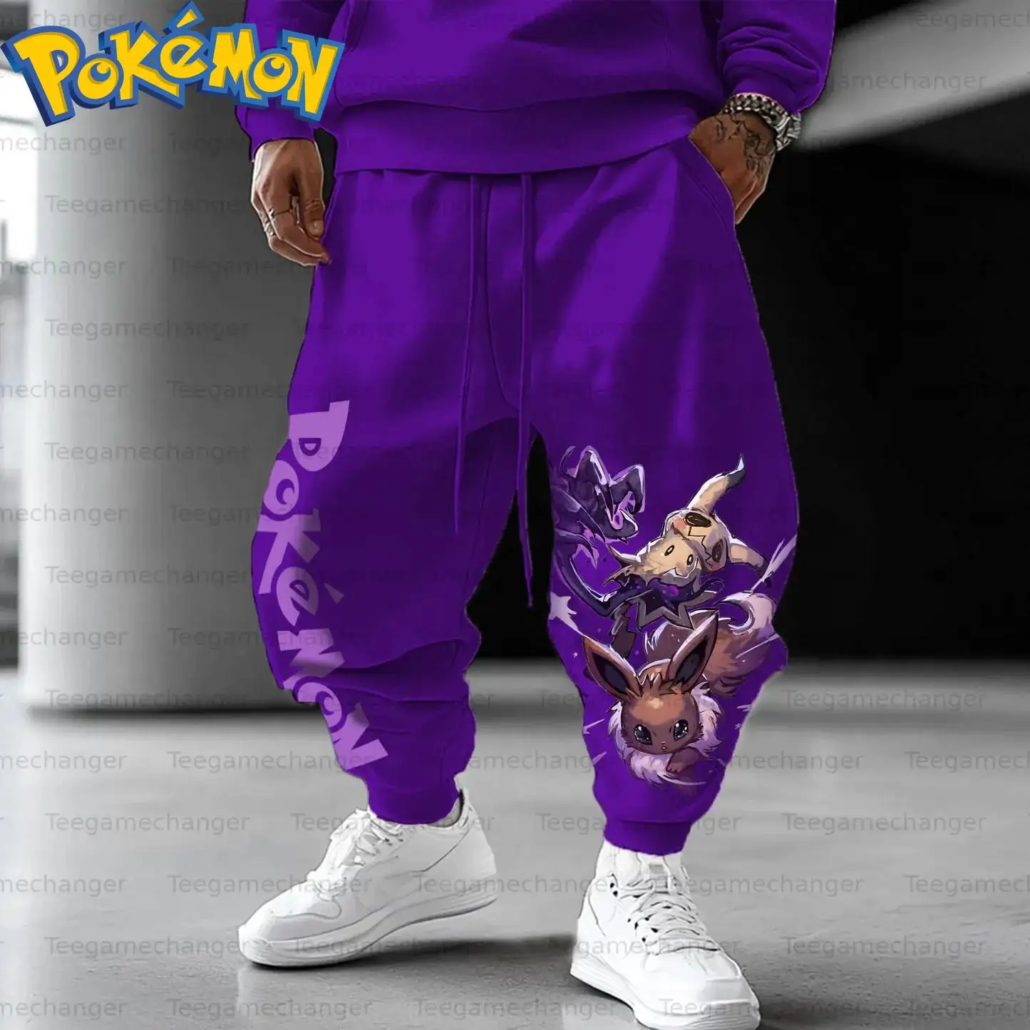 Pokemon Anime Katoenen Hoodie Harajuku Broek Set Paars Karakterprint met Sterpatroon Tweedelige Outfit Casual Streetwear
