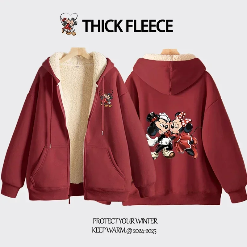 Minnie Mouse Adult Pullover Hoodies Disney Anime Character Lamb Fleece Sweatshirt Winter Fashion Thick Clothes Jacket Top Gift