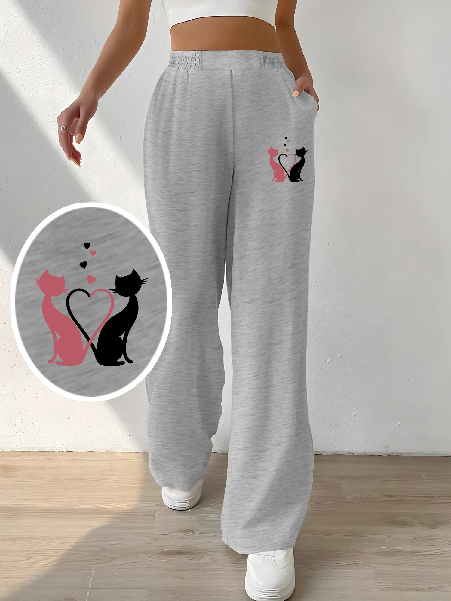 

Women's Heart Cat Couple Print High Waist Wide Leg Sweatpants, Casual Elastic Waist Gray Streetwear Trousers