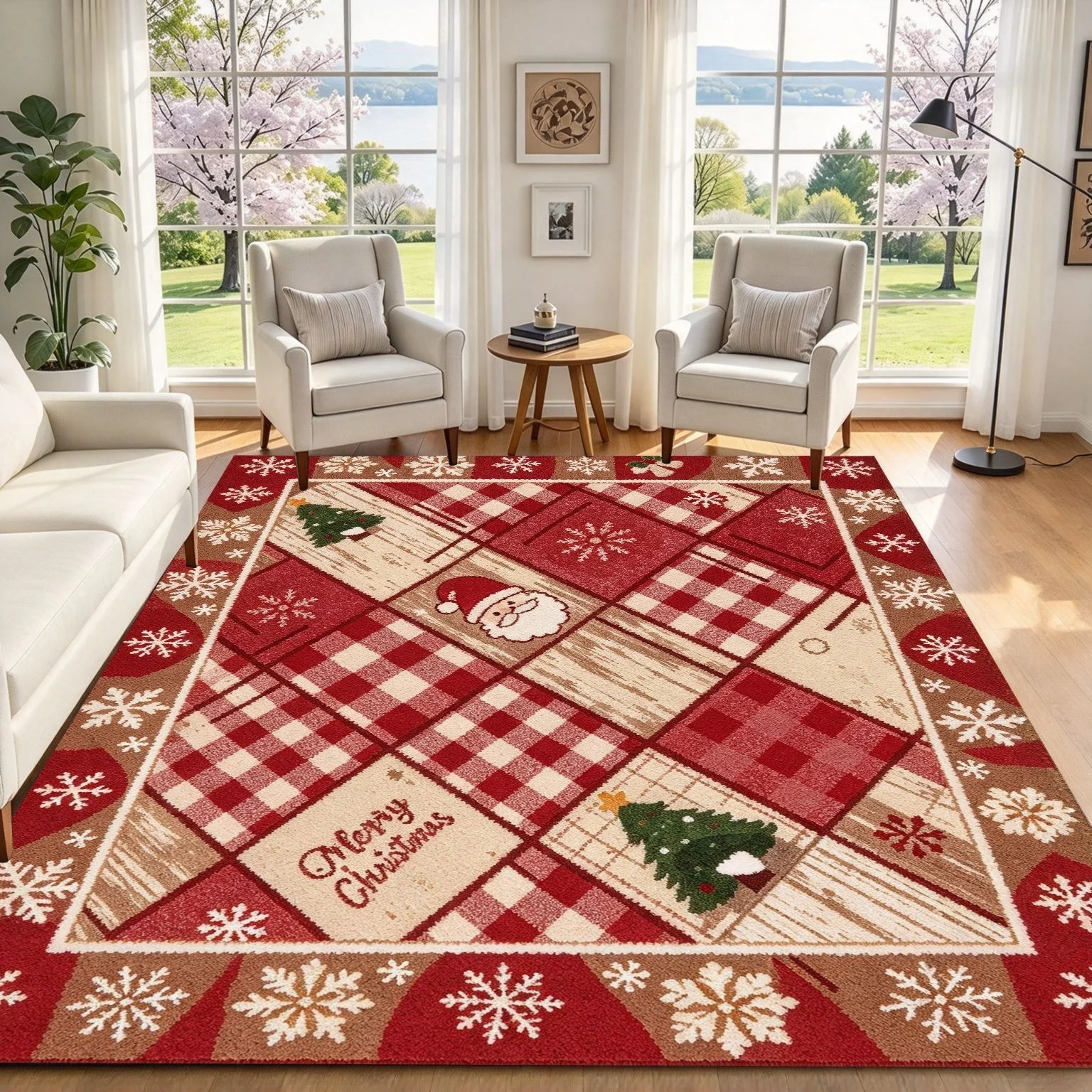Plaid Patchwork Christmas Area Rug Santa Tree Snowflake Red Check Print Large Floor Mat Rustic Farmhouse Winter Holiday Carpet