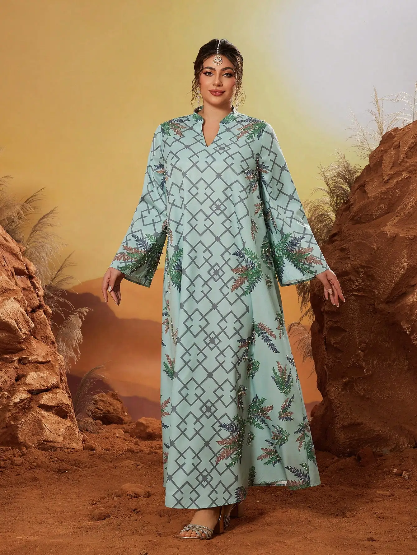 ラインストーンとビーズプリントが施された、新しいエレガントなスタンドカラーのブルカ、長袖の緑色の中東風ガウン