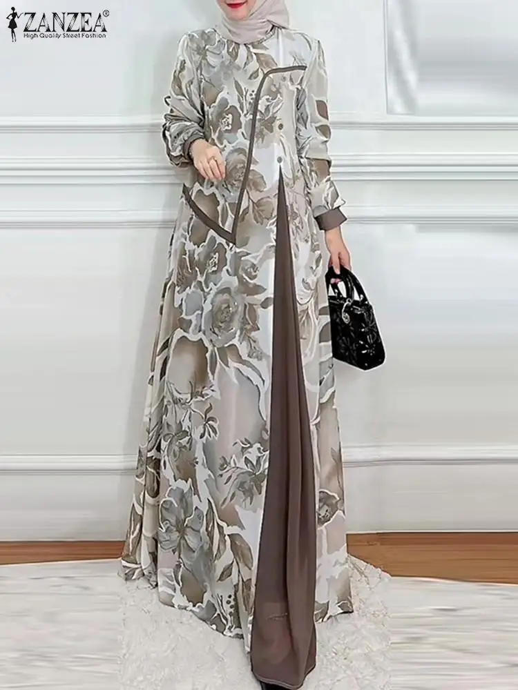 ZANZEA Muslim Fashion Floral Print Maxi Dress Women Elegant Fake Two-Piece Patchwork Abaya Vestidos Islamic Long Sleeve Robes