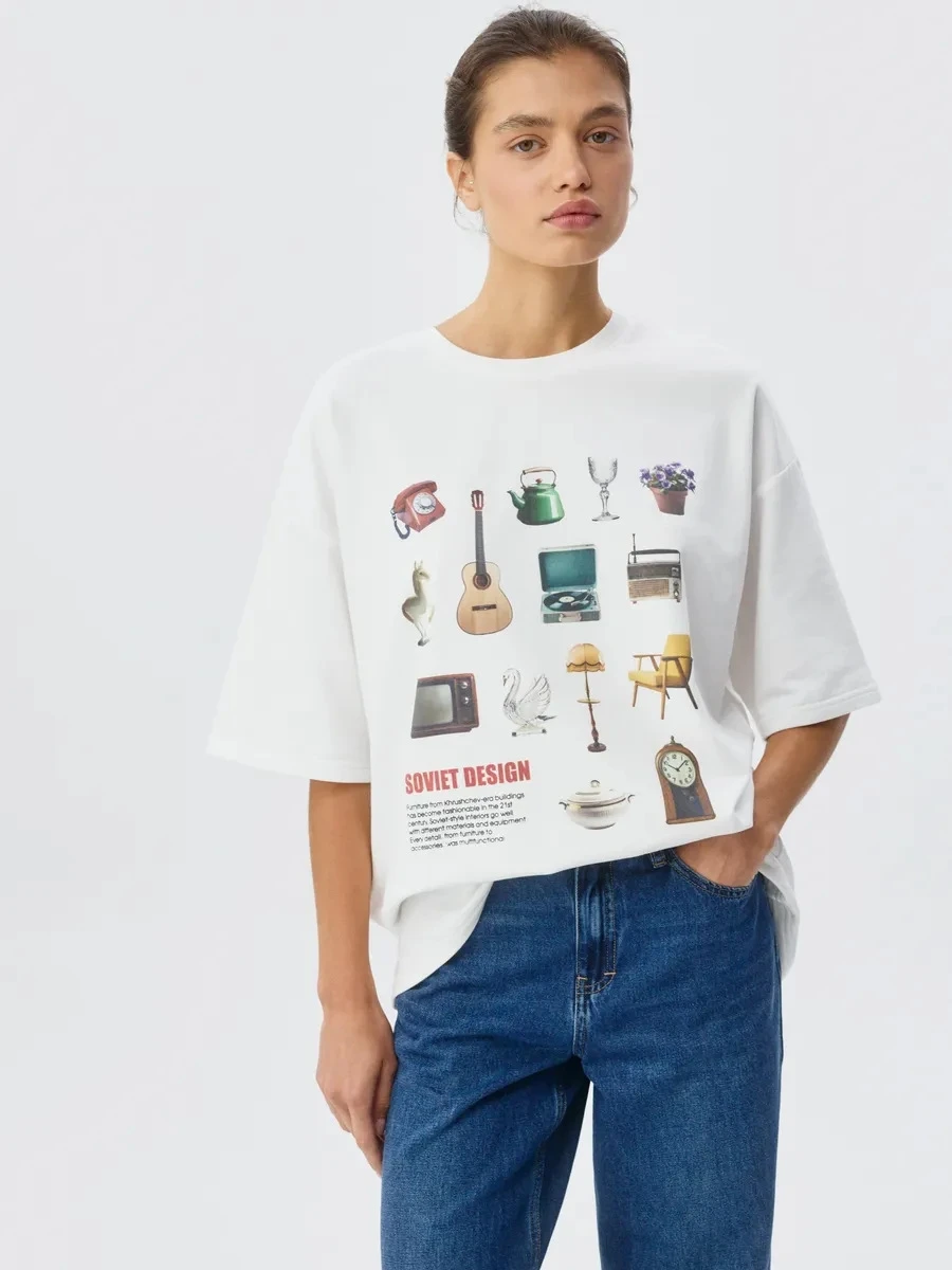 T-shirt imprimé ample, décontracté et tendance, en coton, haut pour femme, col rond, absorbant la transpiration, nouvelle arrivée estivale