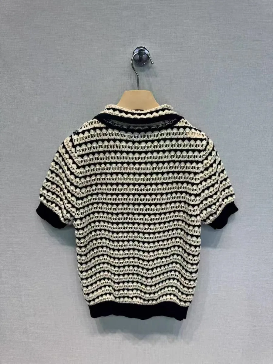 2025 verão listrado camisola de malha camisetas femininas bordadas manga curta vintage moda chique senhoras malhas topos jumpers