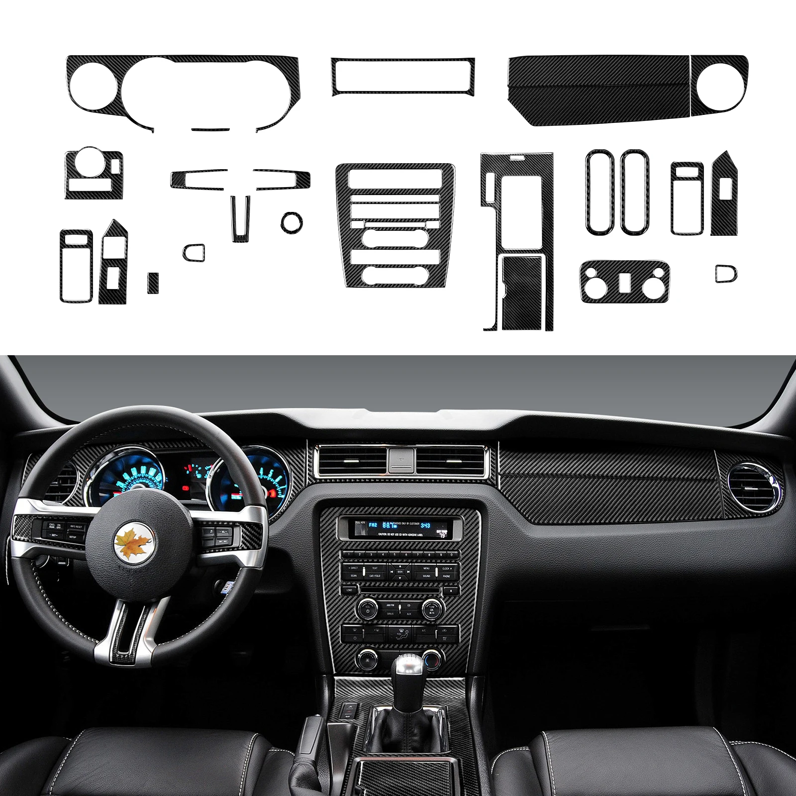 Para ford mustang gt shelby (2010-2014) adesivo interior de fibra de carbono console central do carro painel de mudança de engrenagem guarnição do volante