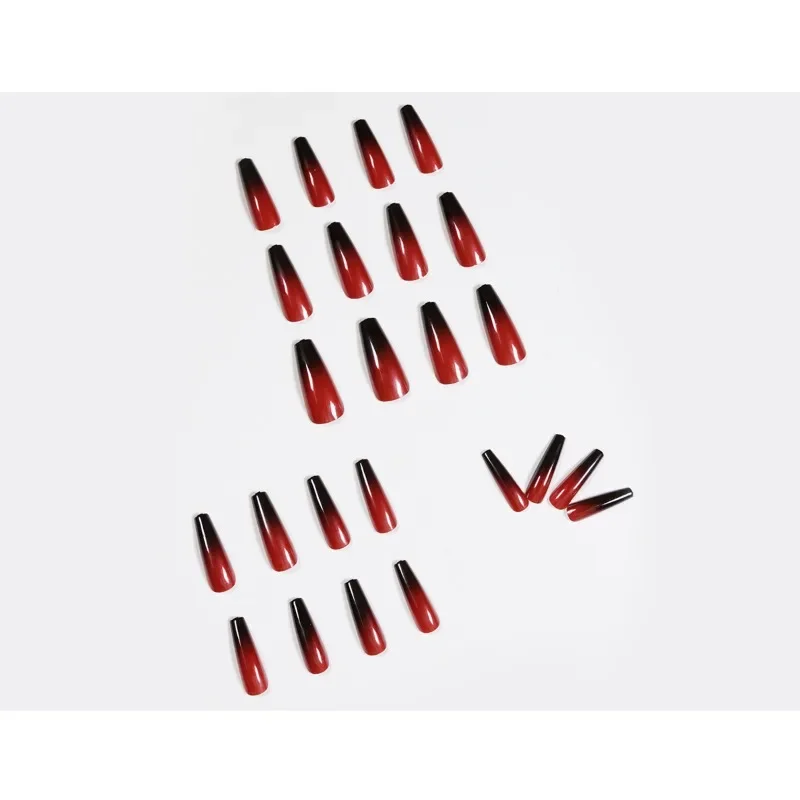 24pcs Red Black Gradient Acrylic Fake Nails Long Ballet Coffin Decorated False Nails with Glue Manicure Reusable Press on Nails