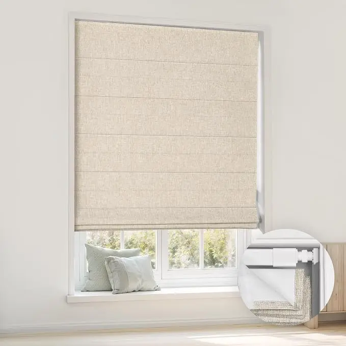 No Drill Cordless Spring Lift Roman Shades Manual Roman Blinds Custom Size Fabric Window Covering Child Safe for Bedroom