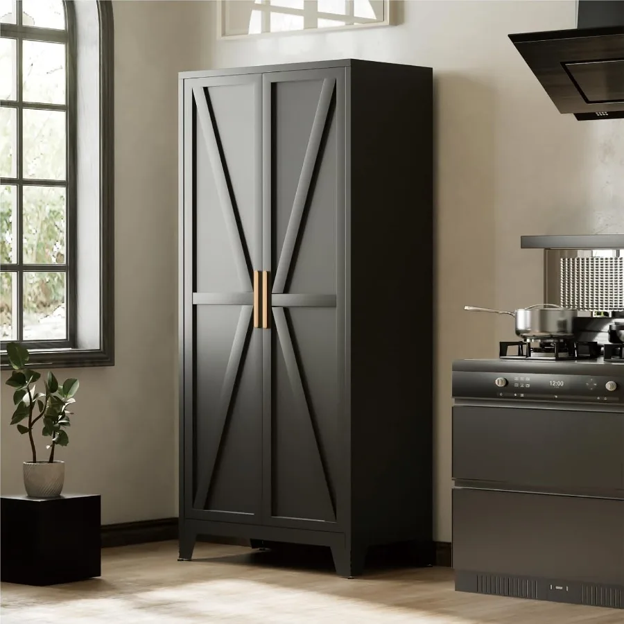 71 Kitchen Pantry Cabinet Metal Storage Cabinet with 2 Doors and 4 Adjustable Shelves Farmhouse Tall Metal Pantries Cabinets St