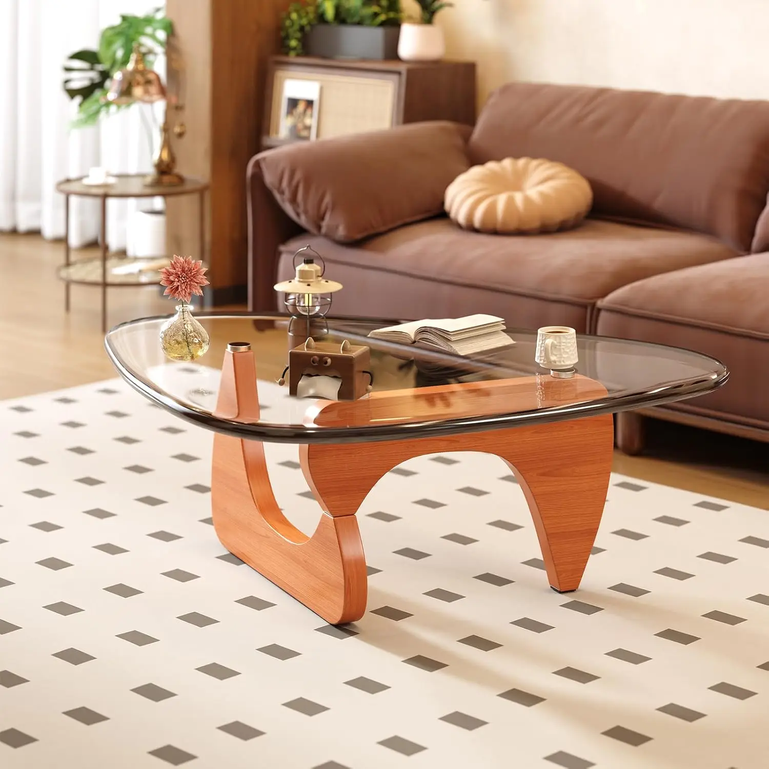 

Журнальный столик для гостиной в стиле Mid-Century Modern, маленький центральный столик со стеклянной столешницей и деревянной основой, цвет орех, прозрачный (32, на заказ)