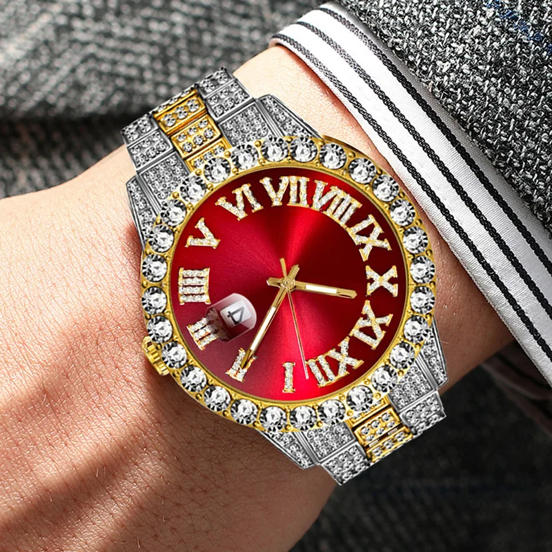 Reloj de acero inoxidable para Hombre, pulsera de 2 piezas con diamantes de imitación incrustados, estilo Hip Hop, Color dorado, calendario