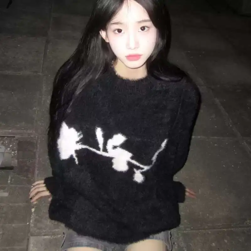 25ss New Style Simple High Quality Dark Rose Mohair Sweater Loose Irregular Original Knitted Pullovers