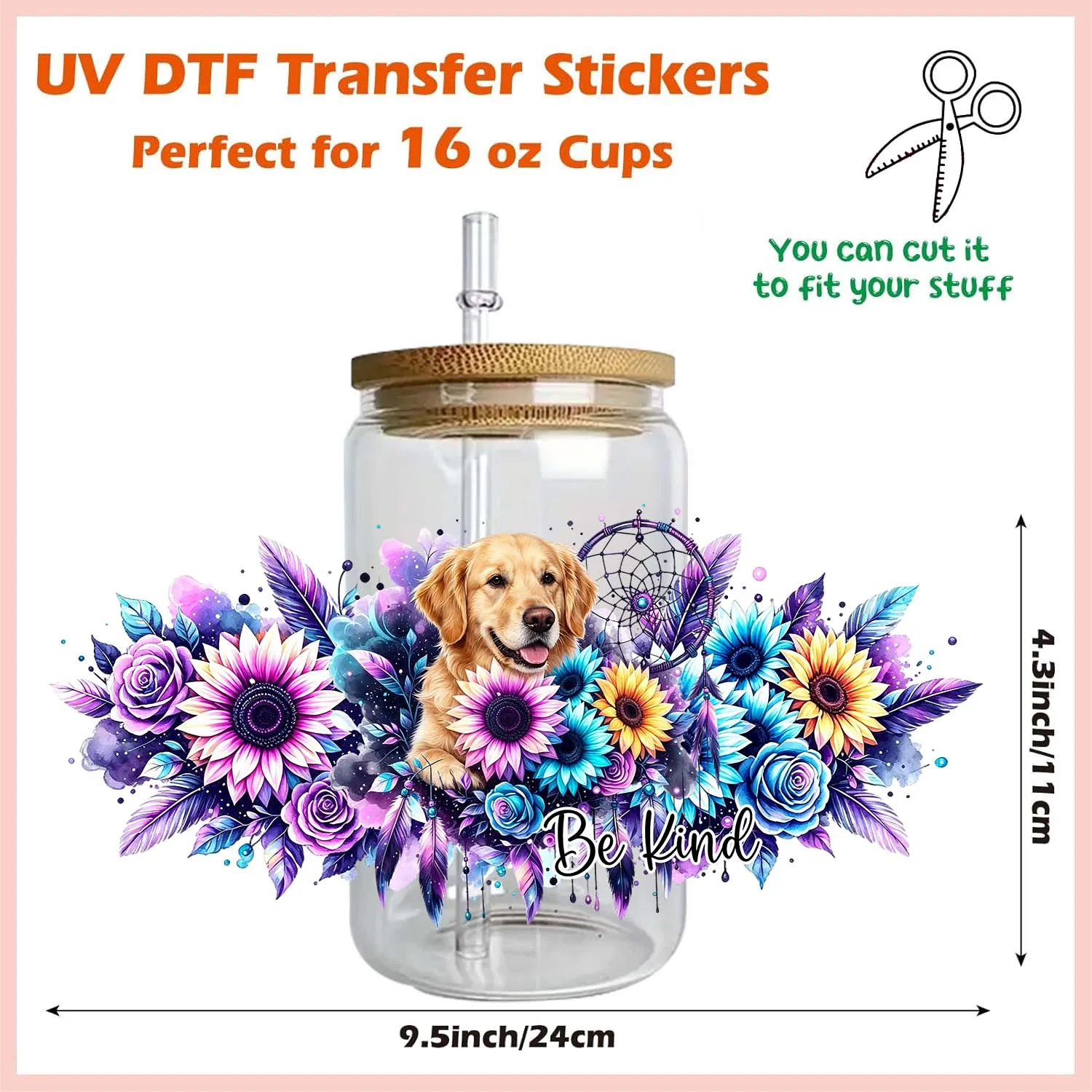 Cute Sunflower Animals Rub On 16oz Uvdtf Sticker waterproof DIY Decals 3D transfers uvdtf tumbler stickers 16oz uv dtf cup wraps